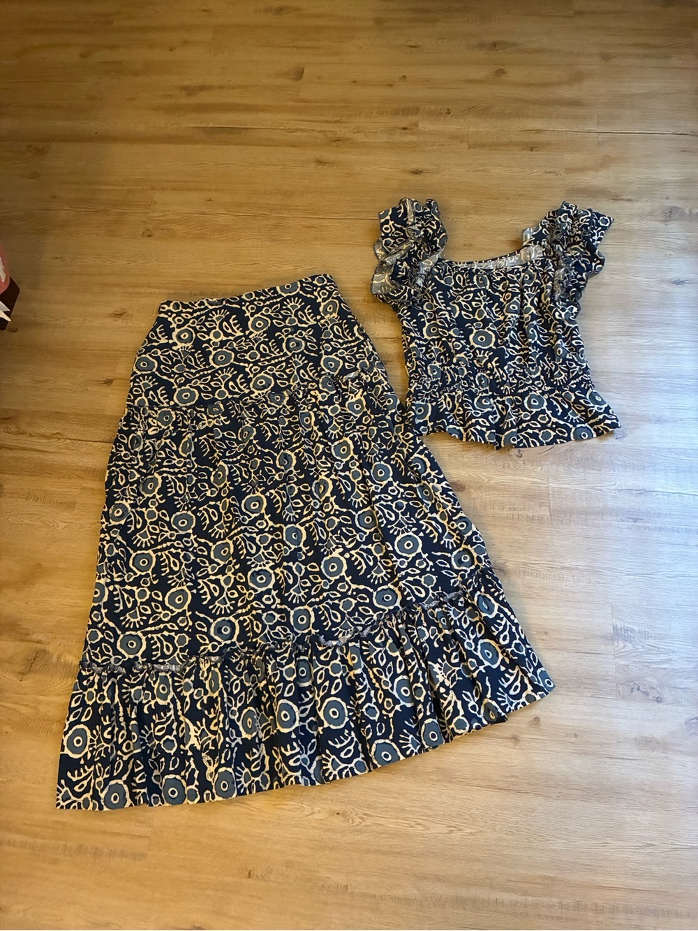 Floral Navy and Cream Tiered Maxi Skirt